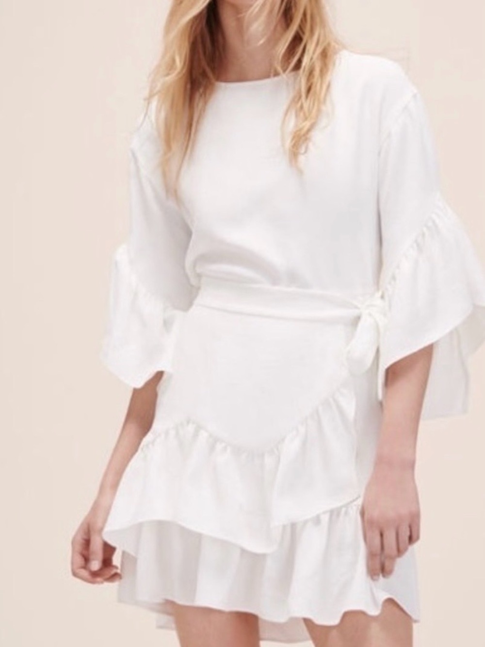 Maje White Ruffle Tie-Waist Midi Dress